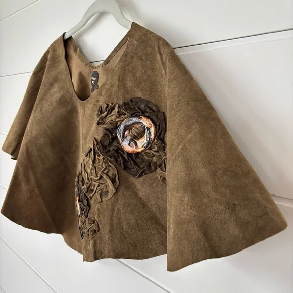 Handmade Vinatge Greenish Brown Suede Leather Poncho Topper - Picture 4 of 14